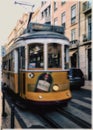 Lisbon streets at dusk. Famous tram 28 Portugal.