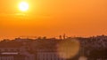 Lisbon at sunset aerial skyline of city centre with red roofs at Autumn evening timelapse, Portugal Royalty Free Stock Photo