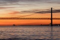 Lisbon and 25th of April Bridge at orange sunset Royalty Free Stock Photo