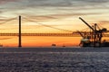 Lisbon and 25th of April Bridge at sunset - industrial cranes working by the water Royalty Free Stock Photo