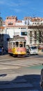 Lisbon Tram 28 approaches starting point near Martim Moniz Square