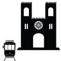 Lisbon tramway in black color with building illustration