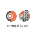 Lisbon, travel destination, Portugal, round flag, tourism concept, group of houses