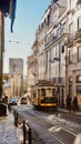 Lisbon yellow train tram with catedra unesco old city view travel Portugal, architecture buildings