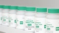 Lisinopril oral tablet bottles on pharmacy shelf. High blood pressure treatment medication. 3d illustration