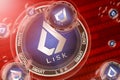 Lisk crash, bubble. Lisk LSK cryptocurrency coins in a bubbles on the binary code background