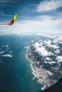 Lissabon, Portugal - July 15, 2019: Boeing 737 aircraft operated by Tap Airlines flight over the coast of Portugal
