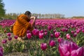 Buddhist monk photographing the traditional Dutch tulip fields with rows of pink, red and yellow