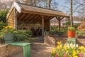 Lisse, Netherlands, April 2022. The Keukenhof gardens with typical Dutch landscape with daffodils, tulips and windmill. Royalty Free Stock Photo