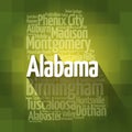 List of cities in Alabama USA state, map silhouette word cloud map concept