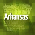 List of cities in Arkansas USA state, map silhouette word cloud, map concept background