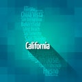 List of cities in California USA state, map silhouette word cloud map concept