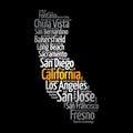 List of cities in California USA state, map silhouette word cloud map concept