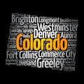 List of cities in Colorado USA state, map silhouette word cloud map concept background Royalty Free Stock Photo