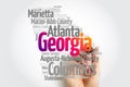 List of cities in Georgia USA state, map silhouette word cloud map concept Royalty Free Stock Photo