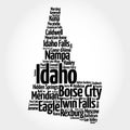 List of cities in Idaho USA state, map silhouette word cloud, map concept background Royalty Free Stock Photo