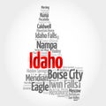 List of cities in Idaho USA state, map silhouette word cloud, map concept background