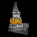 List of cities in Idaho USA state, map silhouette word cloud, map concept background