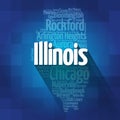 List of cities in Illinois USA state, map silhouette word cloud map concept