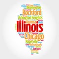 List of cities in Illinois USA state, map silhouette word cloud map concept background Royalty Free Stock Photo
