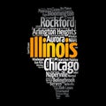 List of cities in Illinois USA state, map silhouette word cloud map concept background Royalty Free Stock Photo