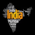 List of cities in India, map silhouette word cloud, business and travel concept background Royalty Free Stock Photo