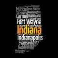 List of cities in Indiana USA state, map silhouette word cloud map concept background Royalty Free Stock Photo