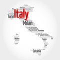 List of cities in Italy, map silhouette word cloud, travel concept background