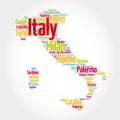 List of cities in Italy, map silhouette word cloud, travel concept background