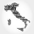 List of cities in Italy, map silhouette word cloud, travel concept background