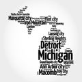 List of cities in Michigan USA state, map silhouette word cloud, map concept background