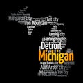 List of cities in Michigan USA state, map silhouette word cloud, map concept background