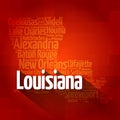 List of cities and municipalities in Louisiana USA state, map silhouette word cloud map concept Royalty Free Stock Photo