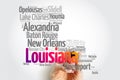 List of cities and municipalities in Louisiana USA state, map silhouette word cloud map concept Royalty Free Stock Photo