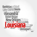 List of cities and municipalities in Louisiana USA state, map silhouette word cloud map concept background Royalty Free Stock Photo