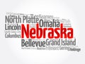 List of cities in Nebraska USA state, map silhouette word cloud map concept background Royalty Free Stock Photo