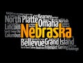 List of cities in Nebraska USA state, map silhouette word cloud map concept background Royalty Free Stock Photo