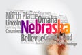 List of cities in Nebraska USA state, map silhouette word cloud map concept background Royalty Free Stock Photo