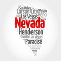 List of cities in Nevada USA state, map silhouette word cloud map concept Royalty Free Stock Photo