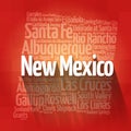 List of cities in New Mexico USA state, map silhouette word cloud, map concept background