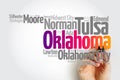 List of cities in Oklahoma USA state, map silhouette word cloud map concept background Royalty Free Stock Photo