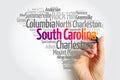 List of cities in South Carolina USA state, map silhouette word cloud, map concept background Royalty Free Stock Photo
