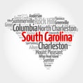 List of cities in South Carolina USA state, map silhouette word cloud, map concept background