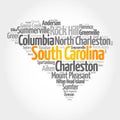 List of cities in South Carolina USA state, map silhouette word cloud, map concept background