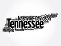 List of cities in Tennessee USA state, map silhouette word cloud map concept background
