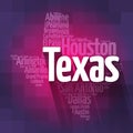 List of cities in Texas USA state word cloud map, concept background