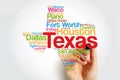 List of cities in Texas USA state word cloud map with marker, concept background Royalty Free Stock Photo