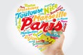 List of cities and towns in France composed in love sign heart shape, word cloud with marker