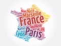 List of cities and towns in FRANCE, map word cloud collage, business and travel concept background