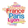 List of cities and towns in FRANCE, map word cloud collage